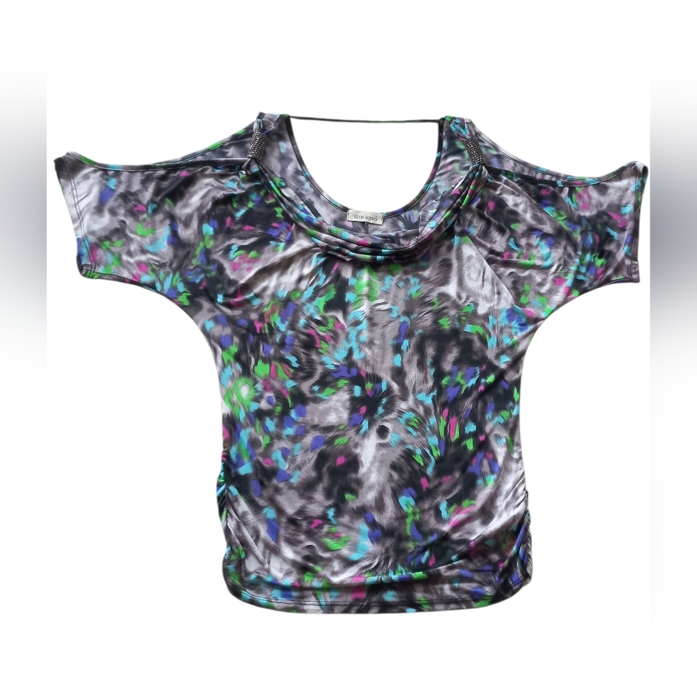 Sans Souci Women's Black/Blue Asymmetrical Cut Out Blouse Size M US